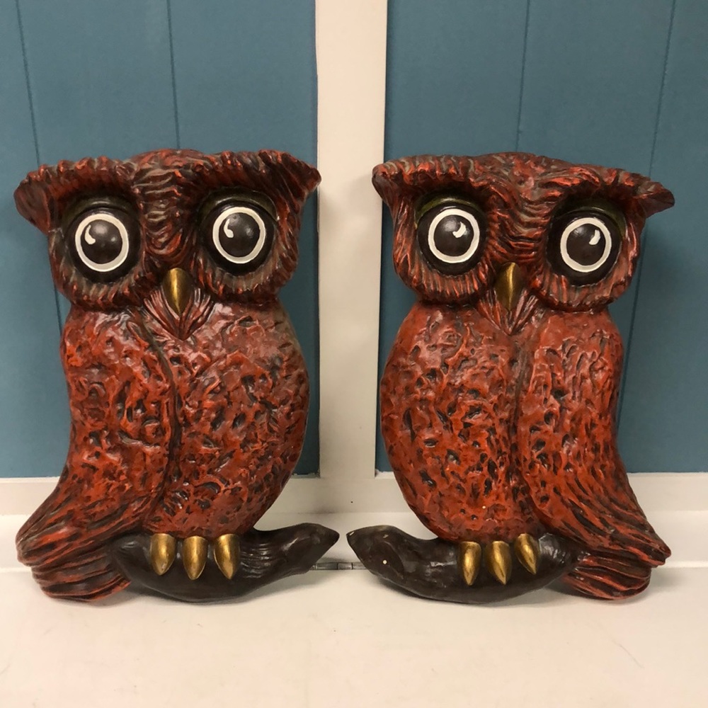 Lot of 2 Vintage 1970s Arnels Mold Hand Painted Ceramic Owl Wall Art 12" X 8"